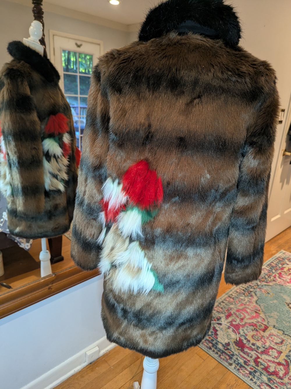 Zara Brown Faux Fur Coat with Black Collar and Red & Green Pom Accents #1253 - Picture 5 of 16
